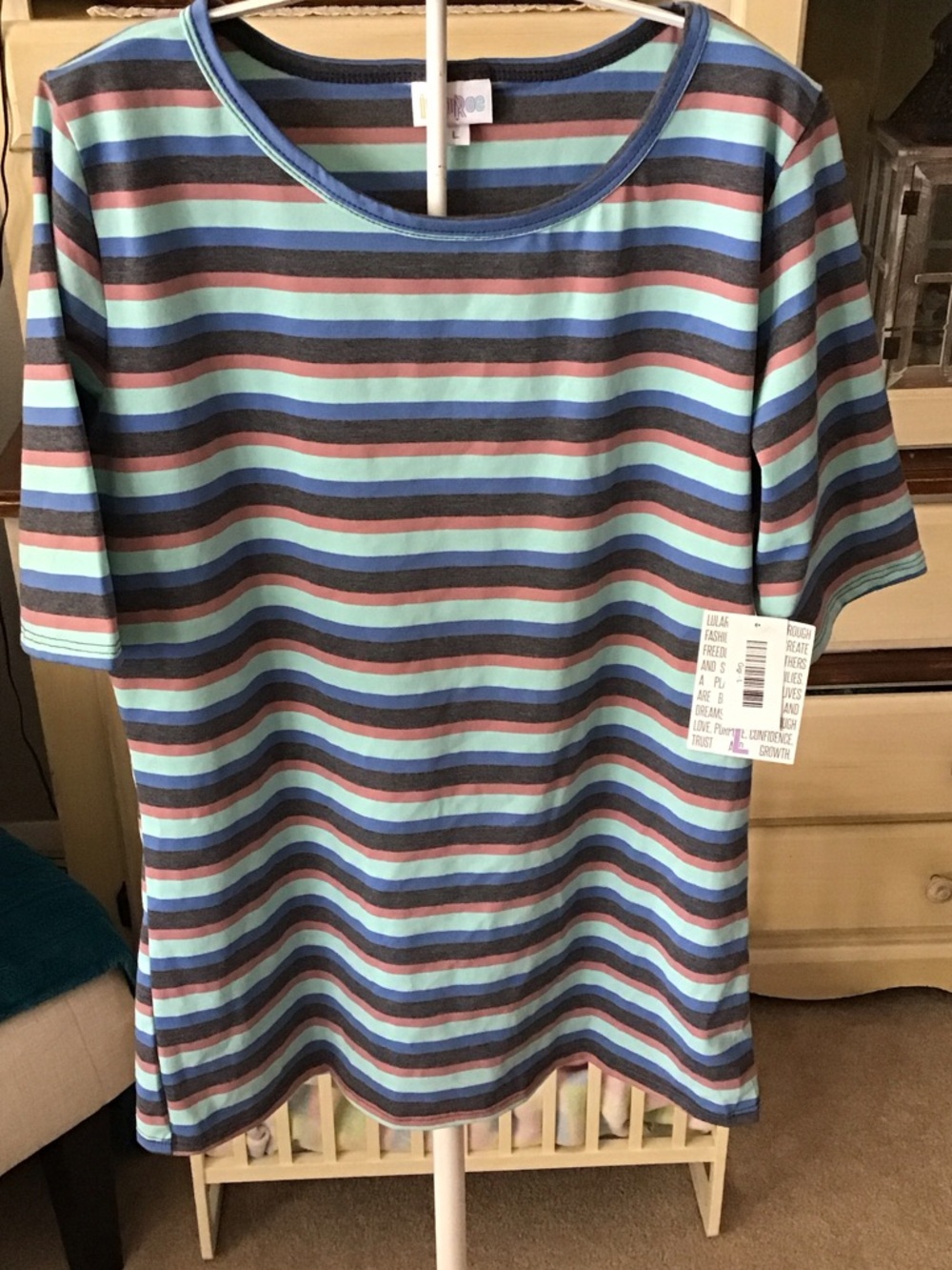 LuLaRoe Short Sleeve Striped Tee in Blue, Aqua, Brown